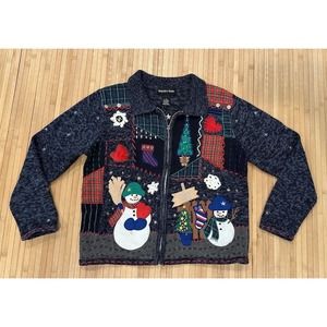 Hampshire Studio Ugly Christmas Sweater Sz Medium Snowman Patchwork Zip Up